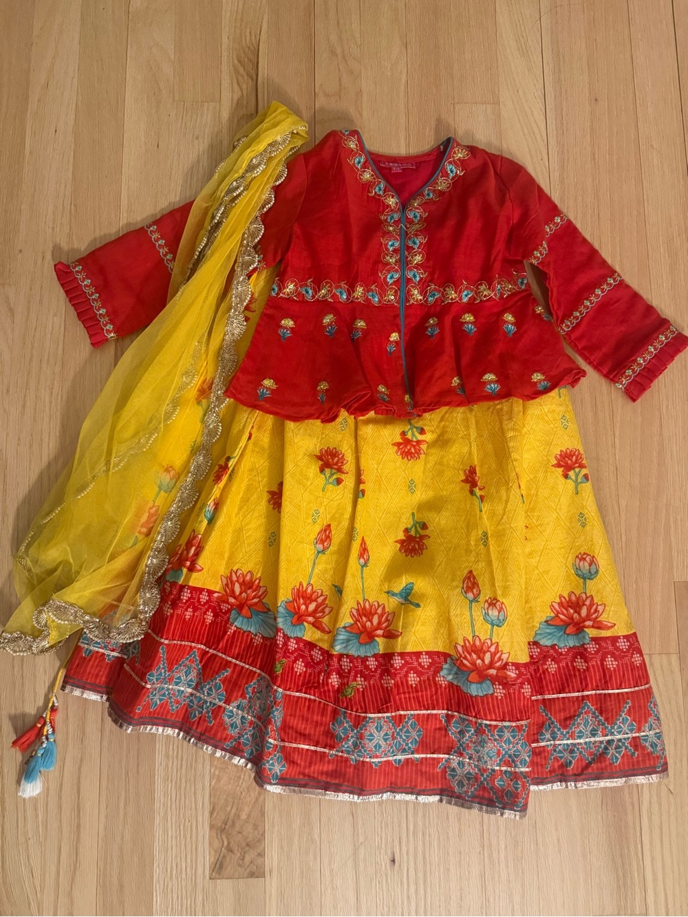 Biba Girls Embroidered Lehenga Choli in Red and Yellow